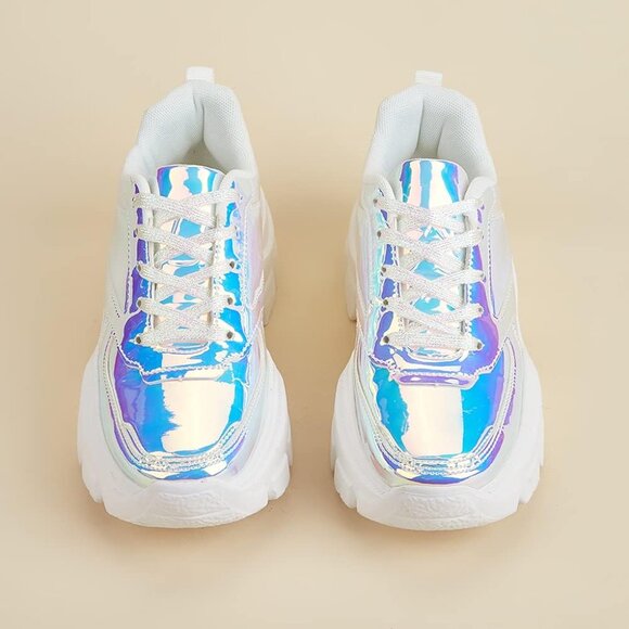 🆕 Women White Chunky Platform Sneakers Lace-Up Casual Fashion Walking Shoes - Picture 3 of 7